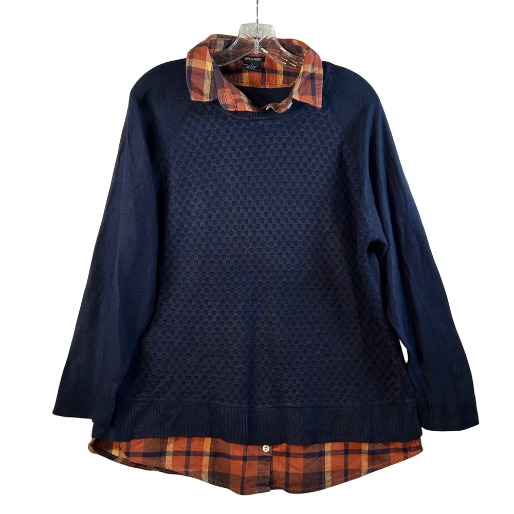HOPE & HONEY Women's Navy Blue Plaid‎ Layered Sweater Top Size PL